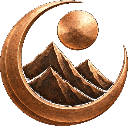 Copperwright’s locked copper crescent, mountain and sun emblem
