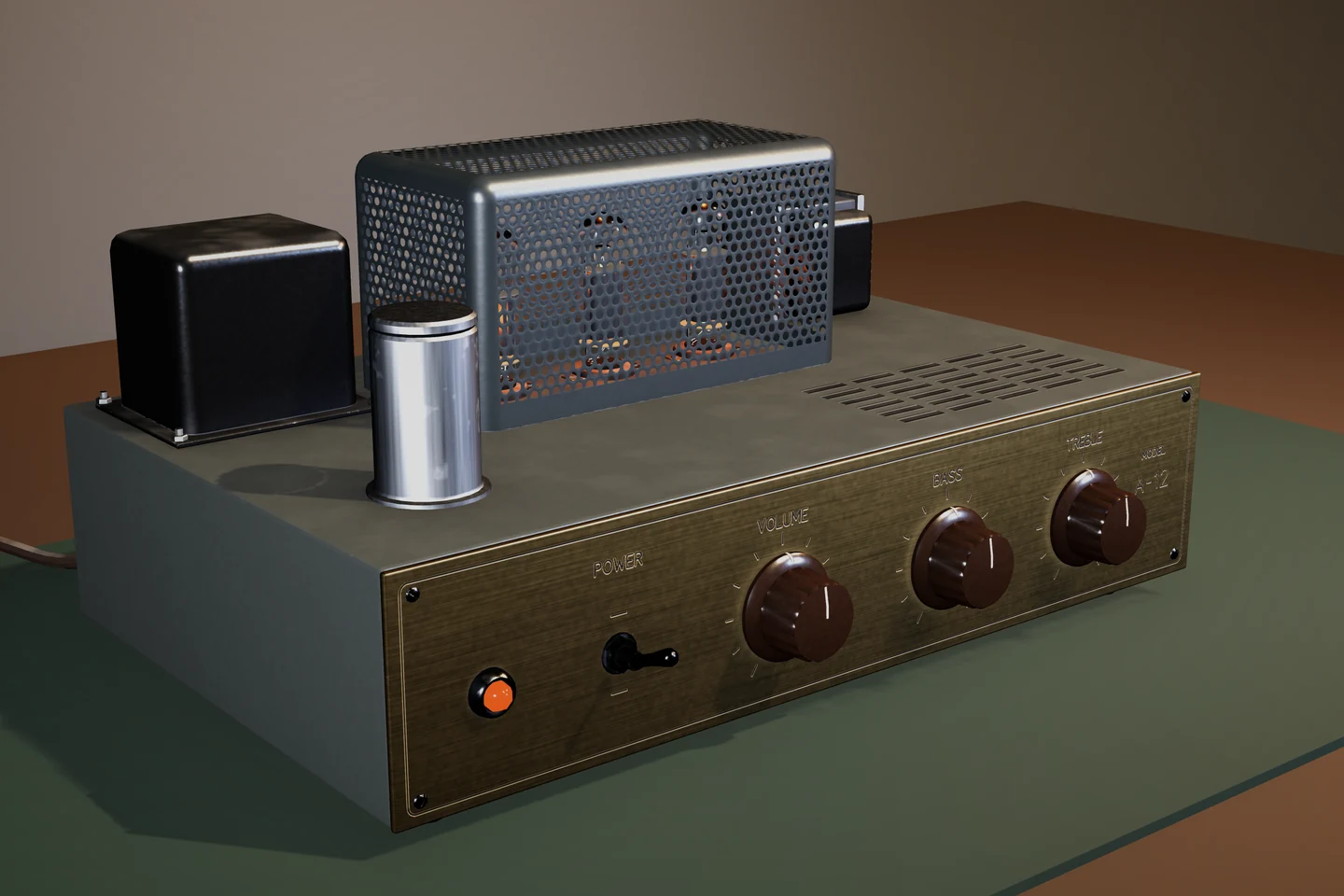 Model A-12 valve amplifier with its perforated metal cage, glowing valves and front panel controls