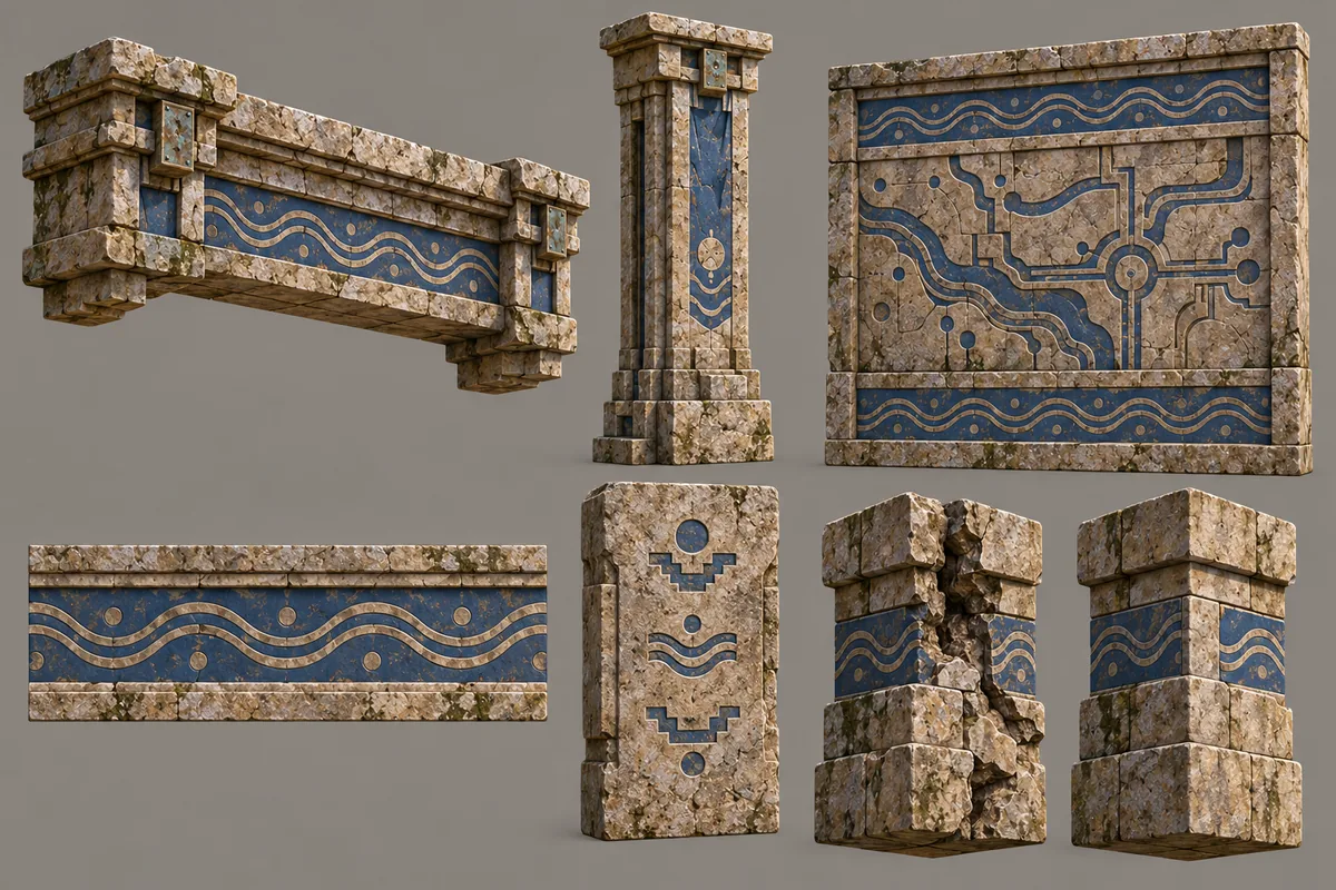 Temple architecture concept sheet of carved stone, passages and channels