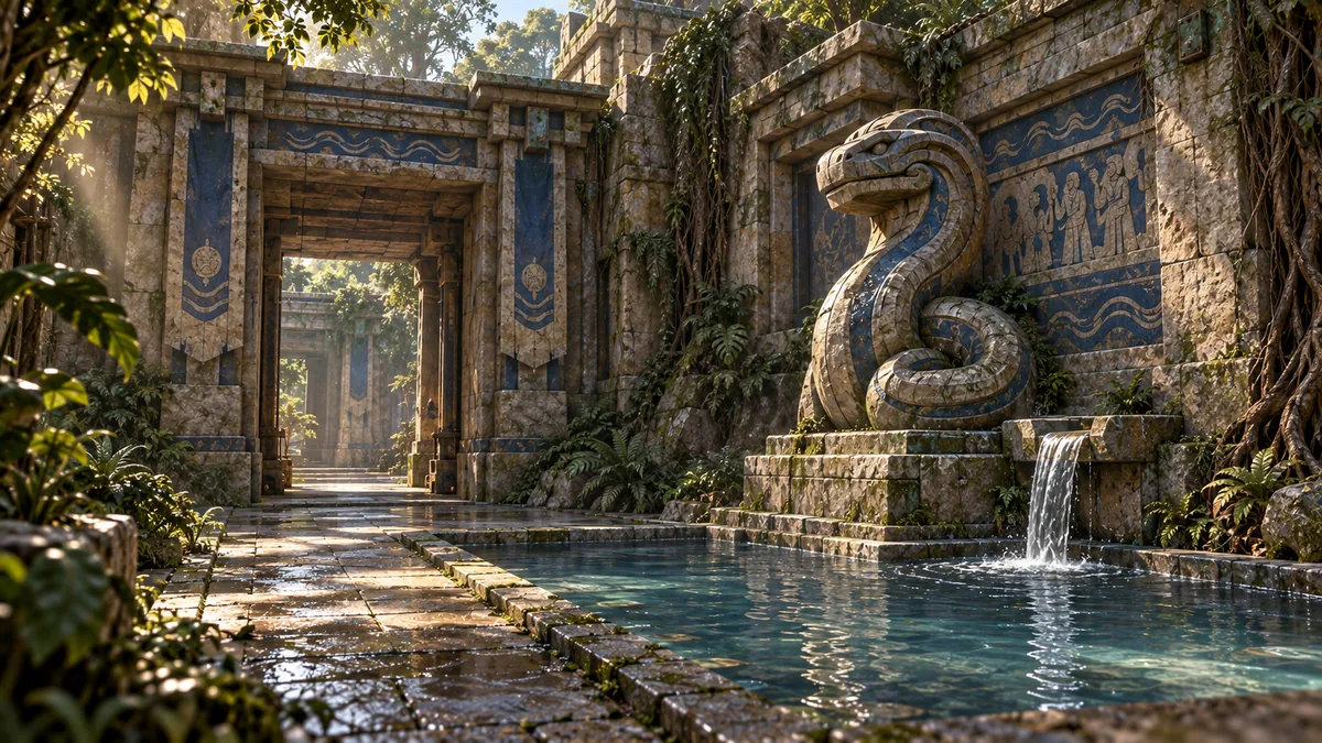 First Waters river court concept with stepped stonework, guardians and water channels